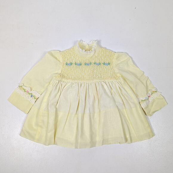 Vintage Dress Baby Girls Size 12m Yellow Smocked Lace - Picture 1 of 5
